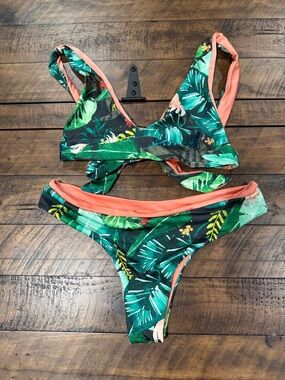 LSA Green Tropical Leaf Bikini with Coral Trim